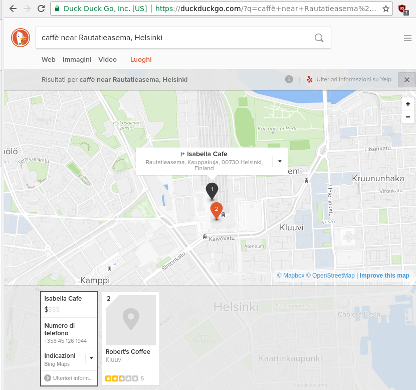 Searching a coffee in Helsinki via DuckDuckGo (in an Italian interface browser)